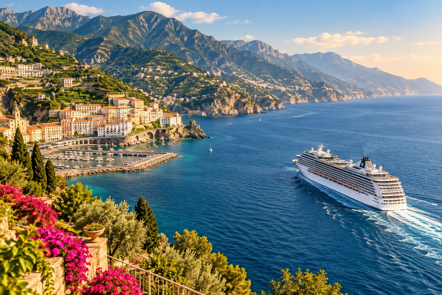 Illustrative cruise ship beside a sunlit coastal harbor