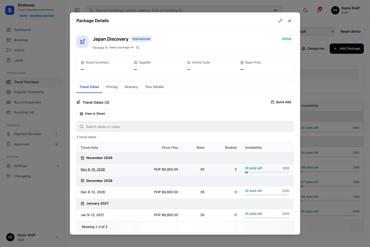 Actual Strateway packages workspace with fictional demo data