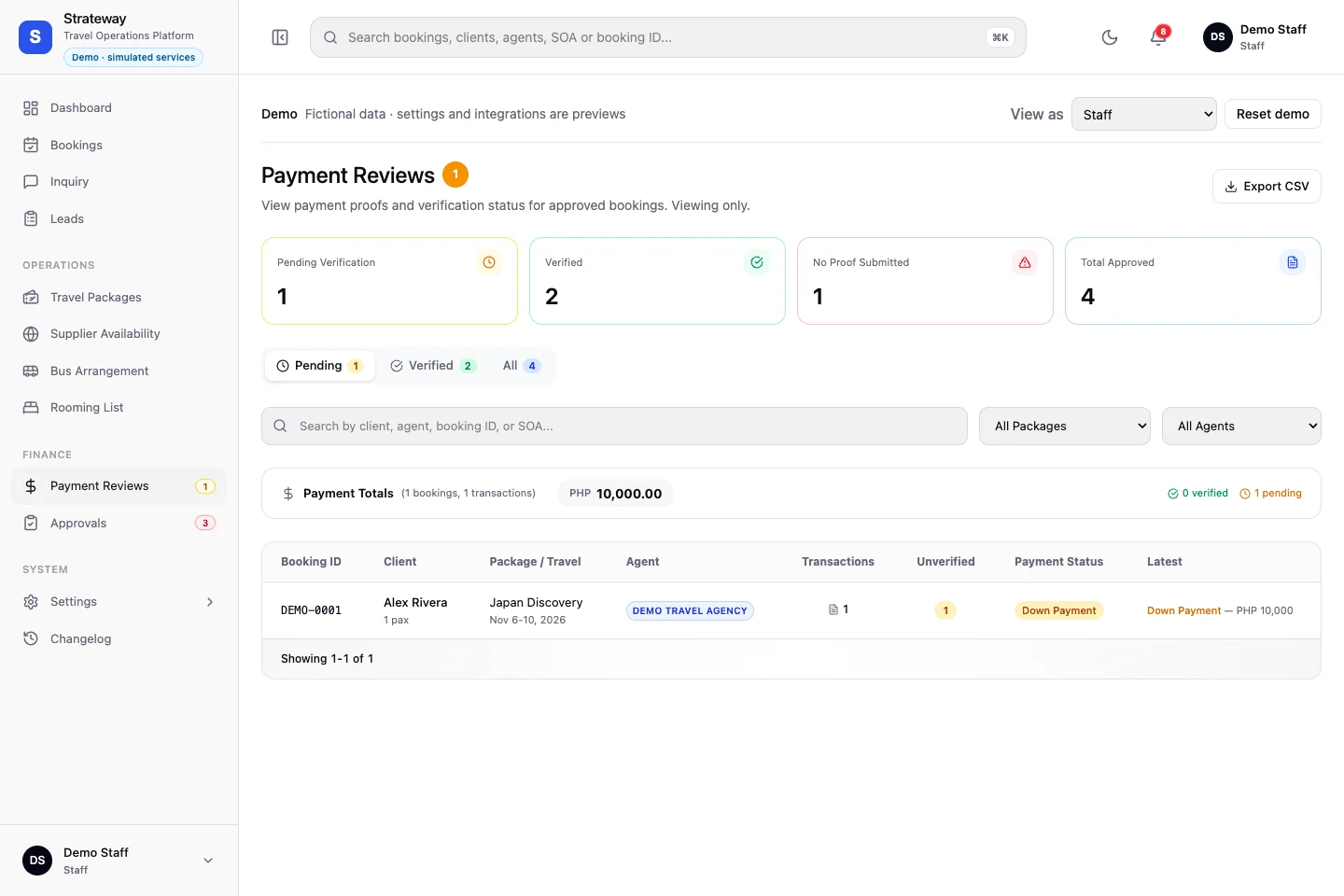 Actual Strateway payments workspace with fictional demo data