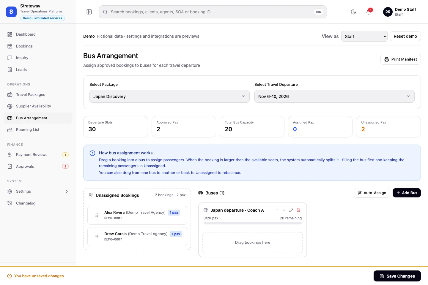 Actual Strateway transport workspace with fictional demo data